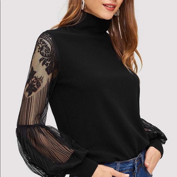 SHEIN Tops - Mock Turtleneck Lace Bishop Sleeve Top